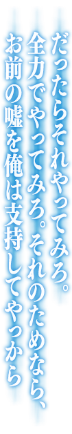 だったらそれやってみろ。全力でやってみろ。それのためなら、お前の嘘を俺は指示してやっから