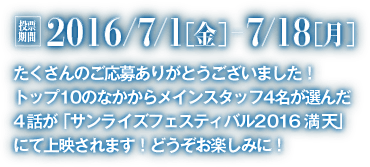 たくさんのご応募ありがとうございました！トップ10のなかからメインスタッフ4名が選んだ以下4話が「サンライズフェスティバル2016 満天」にて上映されます！どうぞお楽しみに！